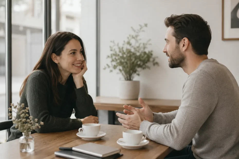 Casual coffee conversation in natural light