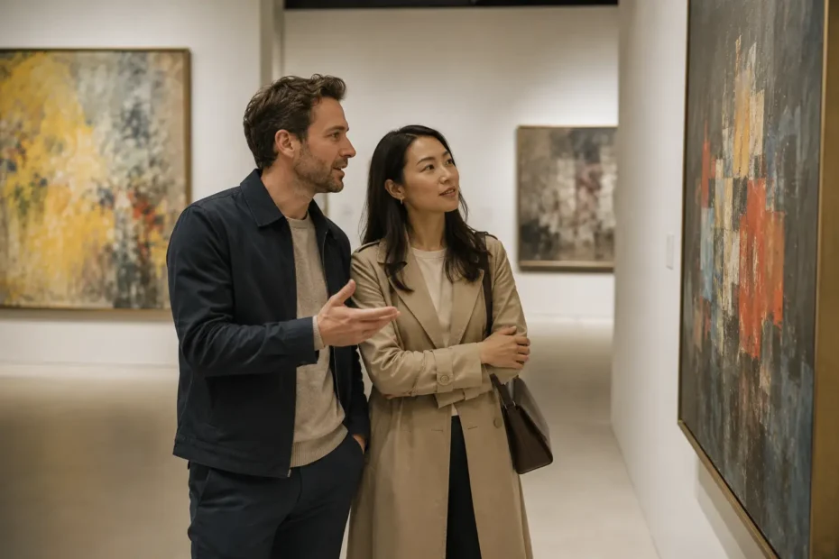 A couple was enjoying the paintings in the art gallery.