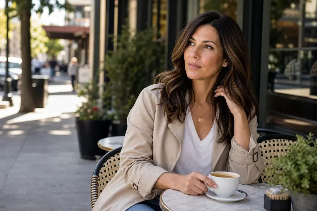 A woman is drinking coffee.