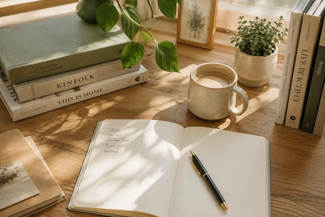 open notebook, books, coffee cup and small plant on a wooden desk,